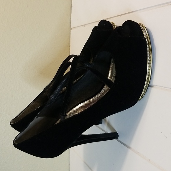 Adrianna Papell Peep Toe Heels Size 9.5 Black Suede Bling main image 3